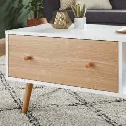 Table Basse UTAH Blanc Et Effet Bois 90cm 9 Table Basse UTAH Blanc Et Effet Bois 90cm -Meuble Déco Soldes table basse utah decor bois et blanc 2 tiroirs et 1 niche l90cm 3