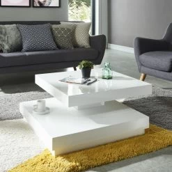 Table Basse VEGAS Laqué Blanc Brillant Plateau Pivotant