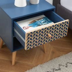 Table De Chevet CAPUCINE Bleu Pétrole Et Effet Chêne 40cm -Meuble Déco Soldes table de chevet capucine coloris bleu et bois l40cm 2