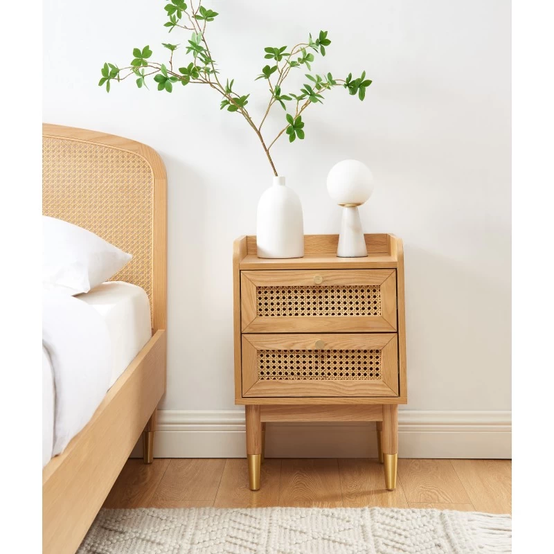 Table De Chevet LEON Placage Chêne Et Cannage Rotin 2 Tiroirs 1 Table De Chevet LEON Placage Chêne Et Cannage Rotin 2 Tiroirs
