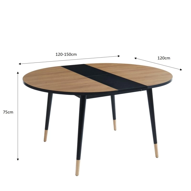 Table Extensible CAVALLO Effet Chêne Pieds Noirs 120 à 150cm 2 Table Extensible CAVALLO Effet Chêne Pieds Noirs 120 à 150cm – Image 2