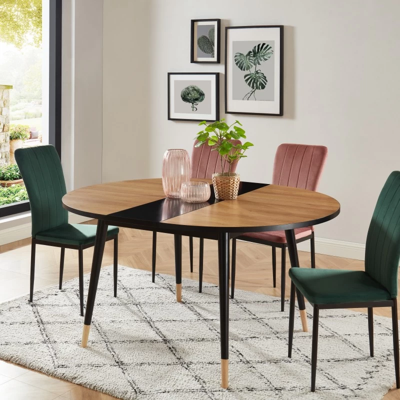 Table Extensible CAVALLO Effet Chêne Pieds Noirs 120 à 150cm 1 Table Extensible CAVALLO Effet Chêne Pieds Noirs 120 à 150cm