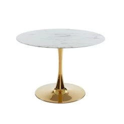 Table Séjour MONIKA Verre Effet Marbre Ronde 110cm Pied Doré -Meuble Déco Soldes table sejour monika or 110cm verre trempe effet marbre pied en metal dore 2