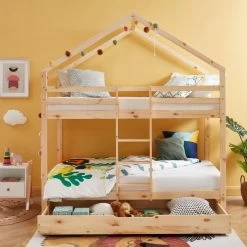 Lit Cabane Superposé TINY Pin Naturel 90x190 Sommier Inclus -Meuble Déco Soldes tinybunkdrana lit superpose lit superpose cabane bois echelle sur le cote et tiroir 2