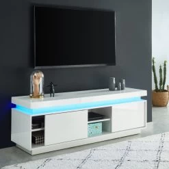 Meuble Tv à LED ULYSSE Laqué Blanc Brillant 2 Portes 150cm